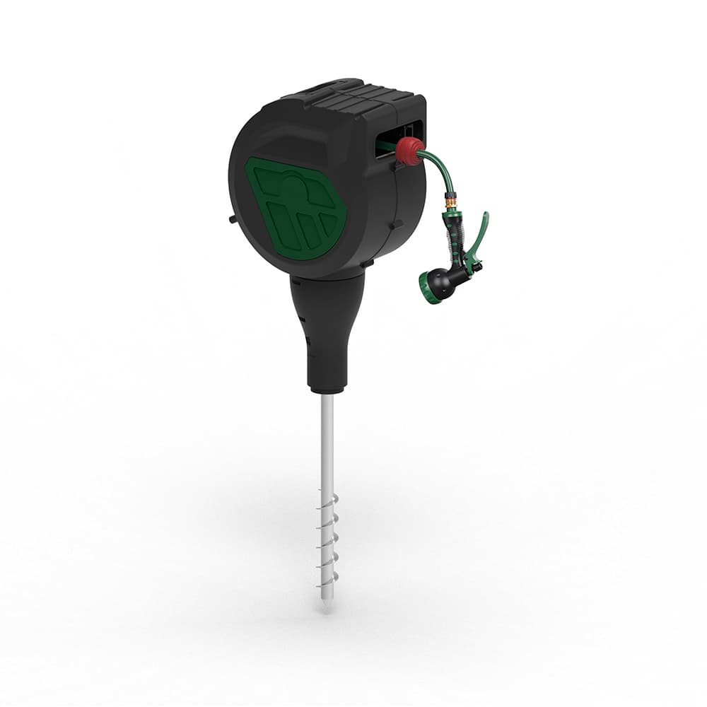 82ft Portable Freestanding Hose Reel with Ground Spike | 360° Rotating Auto Rewind No Drill